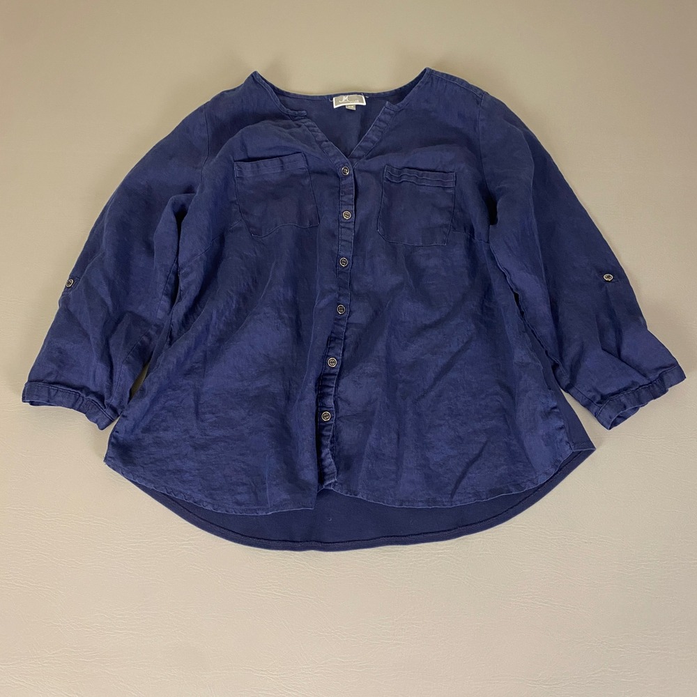 JM Collection Linen Blouse Top Button Down Woman Plus Size 16W Blue 3/4 Sleeve